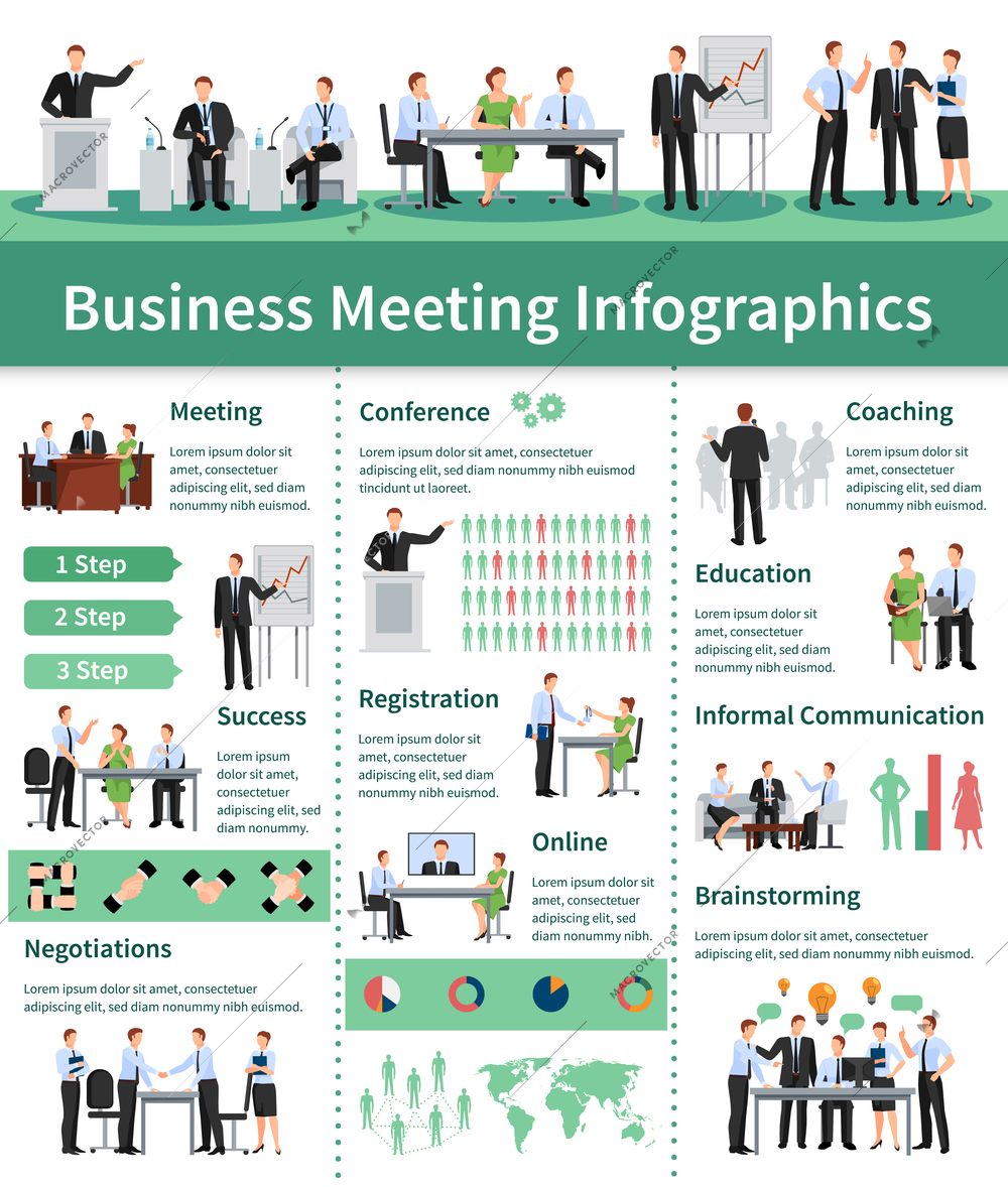 Business Meeting Infographic Set.Business Meeting  Information. Business Conference Flat Set. Business Meeting Vector Illustration.