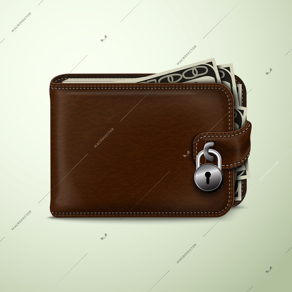 Classic modern brown leather wallet with dollar banknotes locked with padlock financial security concept vector illustration