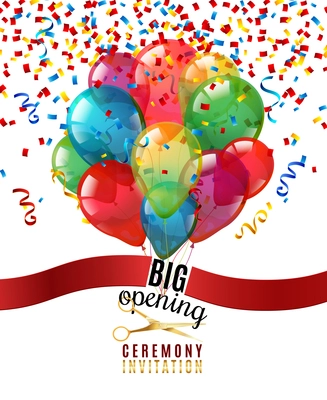 Opening ceremony invitation realistic background with scissors and balloons vector illustration