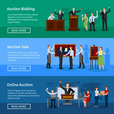 Upcoming online auctions bidding and sale information 3 flat horizontal banners webpage design abstract isolated vector illustration