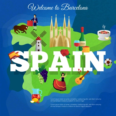 Spain cultural symbols composition poster for travelers with national flag and paella and corrida flat vector illustration