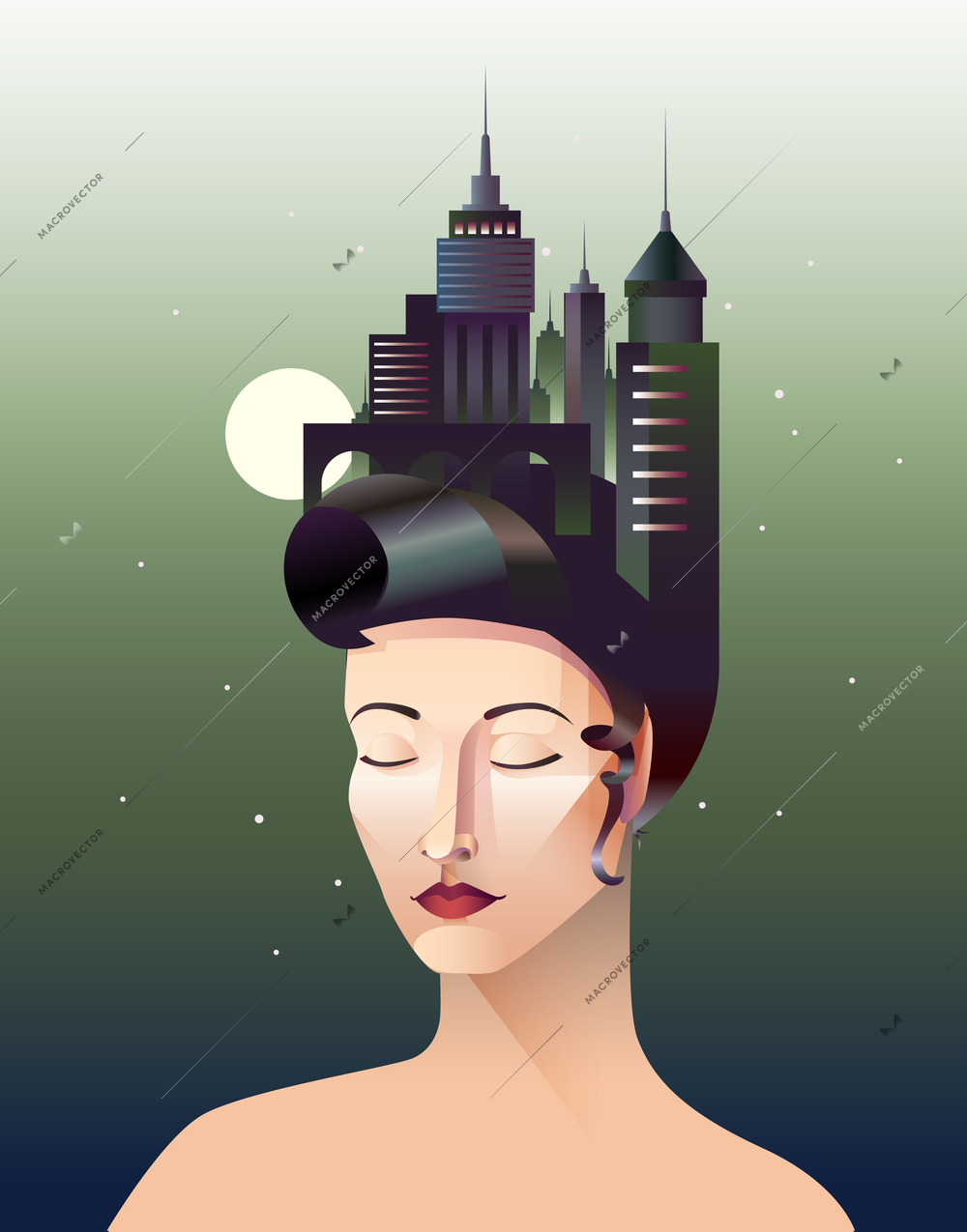 Miss geometry abstract portrait of woman with closed eyes and hair consisted of elements of different geometrical forms at night sea background vector illustration