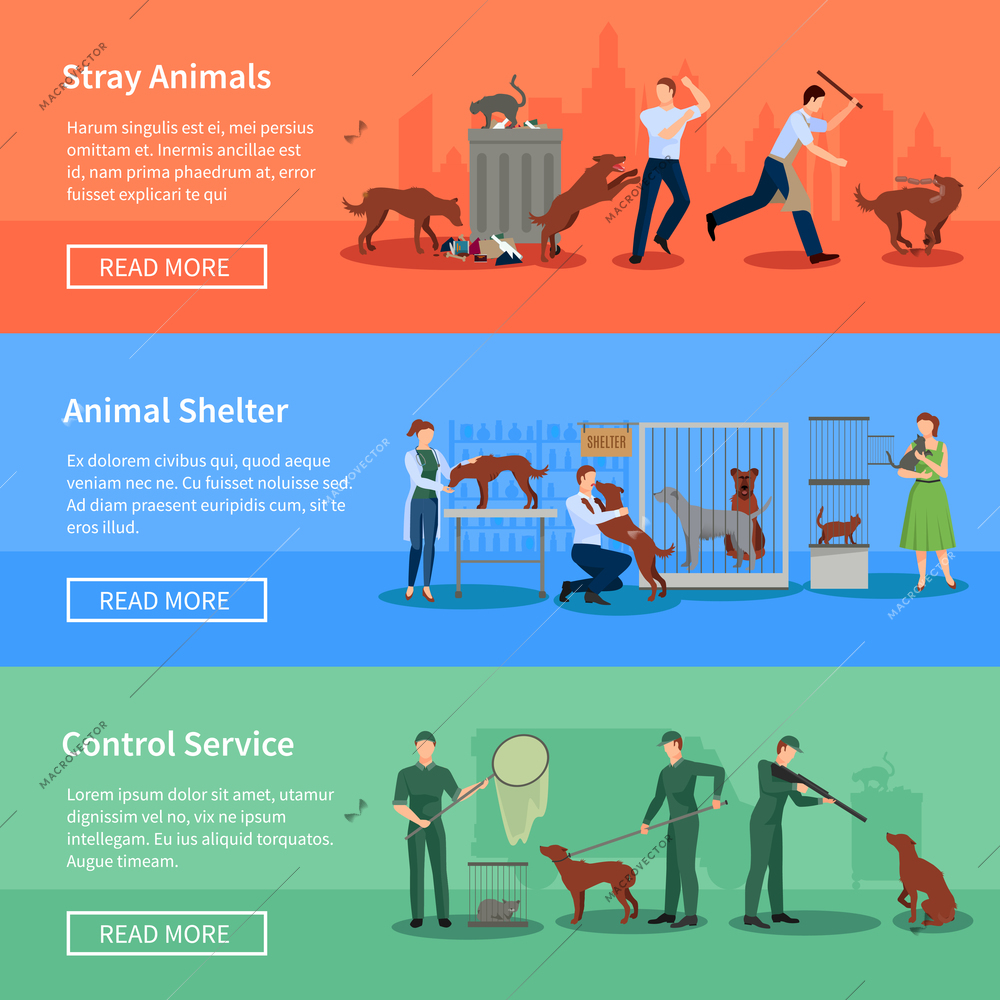 Stray animals problems 3 flat horizontal banners set webpage design with animal shelters abstract isolated vector illustration