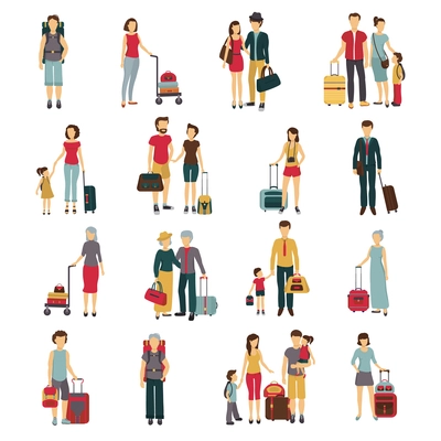 Tourists with laggage travelling with partners family friends and alone flat icons collection abstract isolated vector illustation