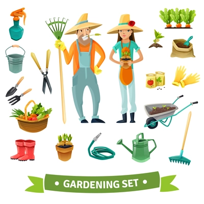 Gardening cartoon set with people harvest and equipment isolated vector illustration