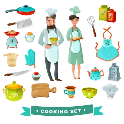 Cooking cartoon set with people and kitchen utensils isolated vector illustration