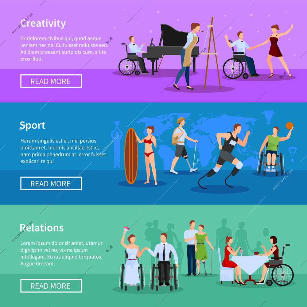 Disabled persons full life online information 3 flat horizontal banners set webpage design abstract isolated vector illustration