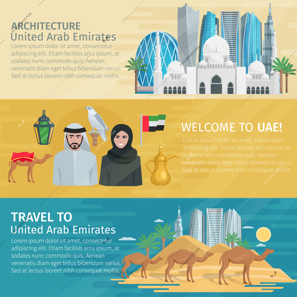 United arab emirates travel banners set with buildings desert and national culture isolated vector illustration