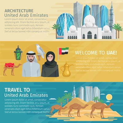 United arab emirates travel banners set with buildings desert and national culture isolated vector illustration