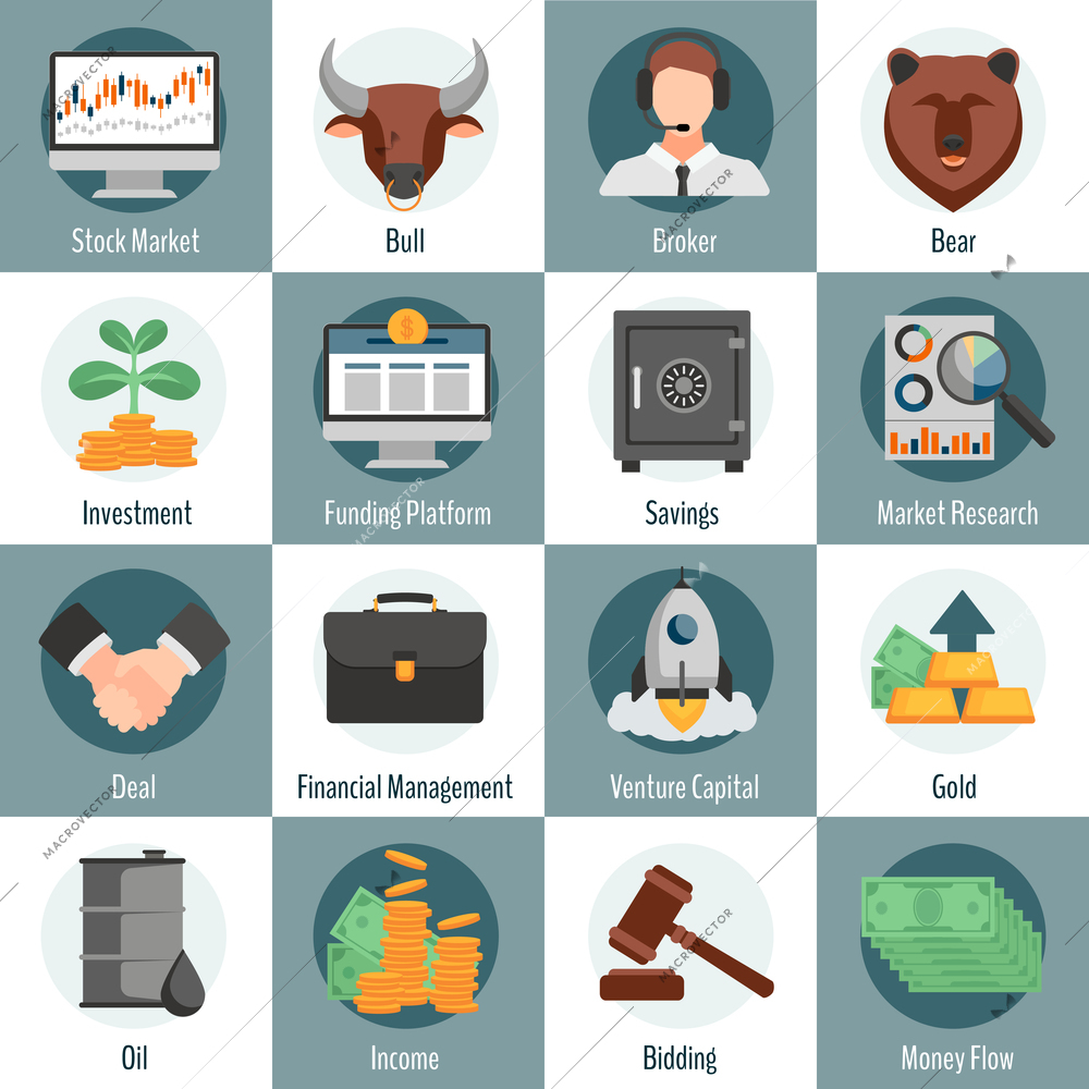 Investment and trading flat icons set for web design with bull bear broker gold oil bidding symbols isolated vector illustration