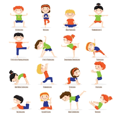 Cute children boys and girls in top yoga asanas poses cartoon icons collection set isolated vector illustration