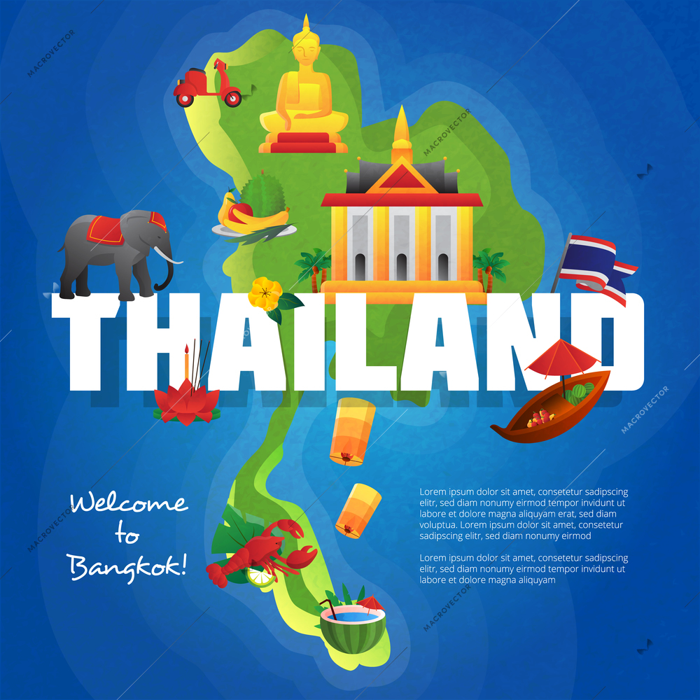 Welcome to bangkok travel agency advertisement poster with cultural symbols on thailand map background flat vector illustration