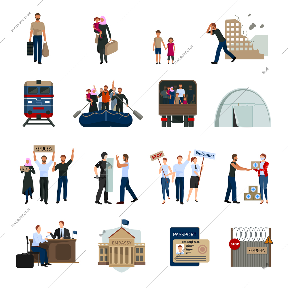 Stateless refugees flat icons set with illegal immigrants camps embassy building foreign passport symbols isolated vector illustration