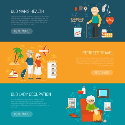 Old people daily life and health issues 3 flat horizontal banners webpage design abstract isolated vector illustration