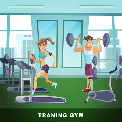 Healthy lifestyle background with fitness center and people cartoon vector illustration