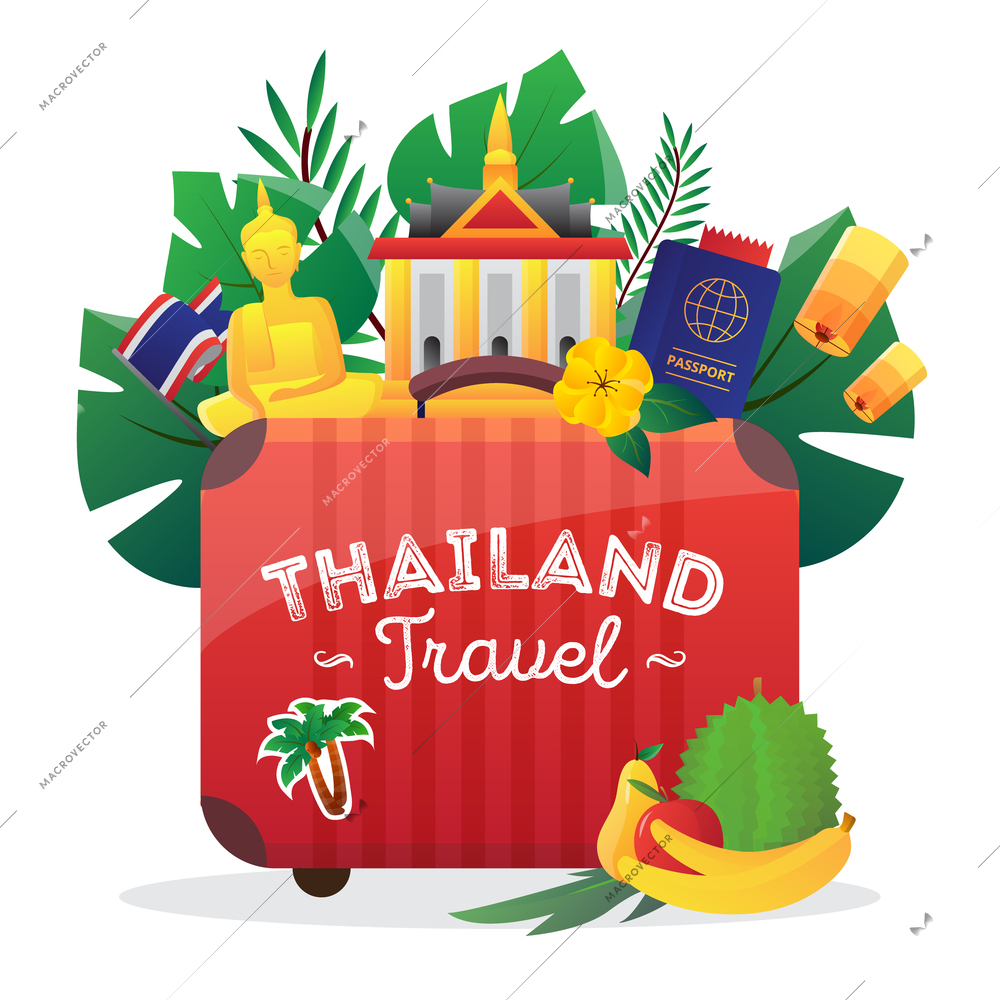 Thailand cultural symbols composition icon for travelers with national flag buddha figure and passport flat vector illustration