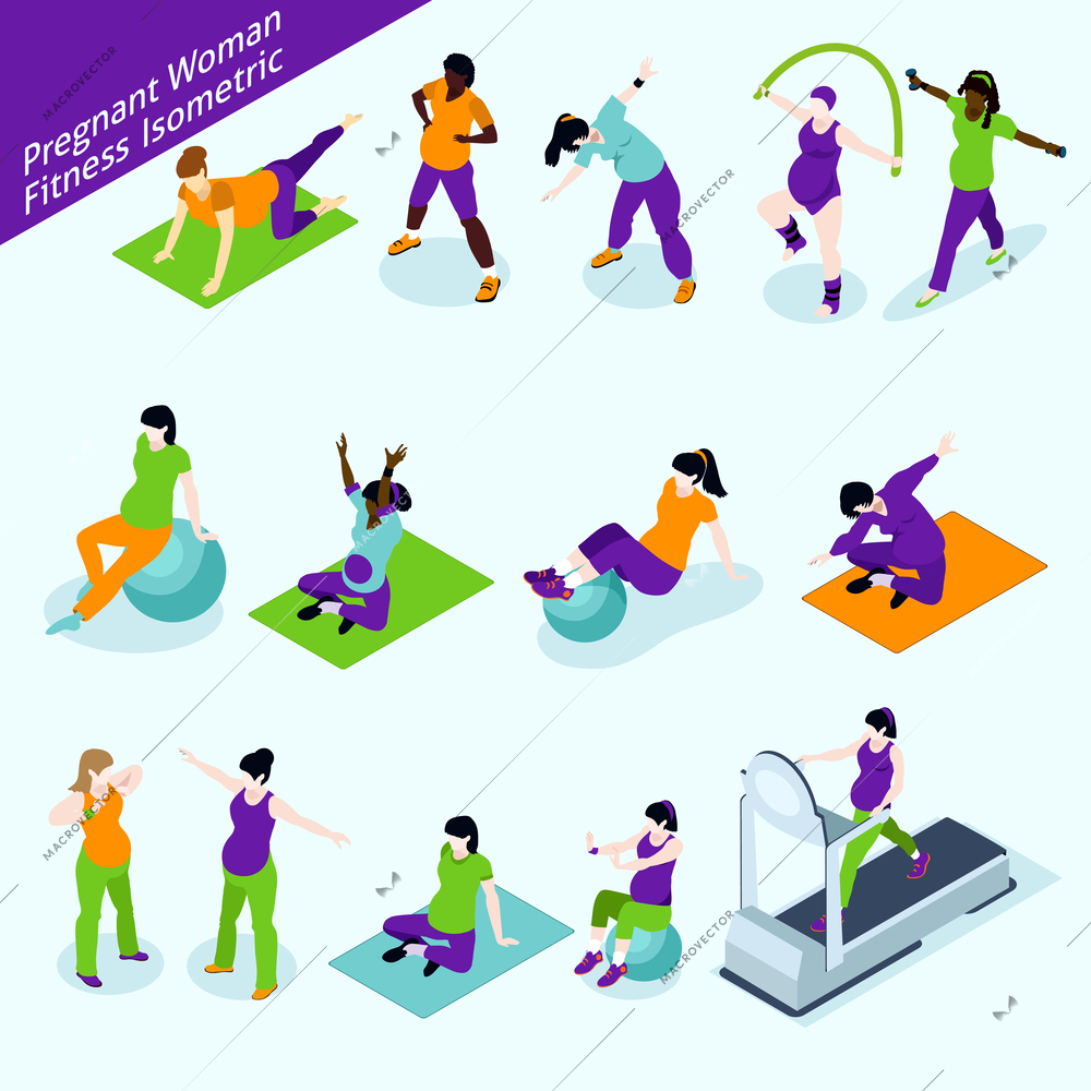 Pregnant Women Fitness Icons Set. Pregnant Women Fitness Vector Illustration. Pregnant Women Fitness Decorative Set.  Pregnant Woman Fitness Design Set. Pregnancy Fitness Isometric Isolated Set.