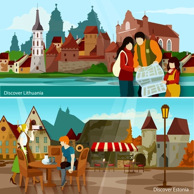 European Cityscapes Flat Concept. Europe And Sights Horizontal Compositions. European Cities Vector Illustration. European Countries Isolated Set. Discover Lithuania And Estonia Design Symbols.