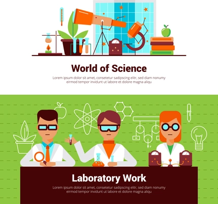 Science and laboratory work banners with people and equipment vector illustration