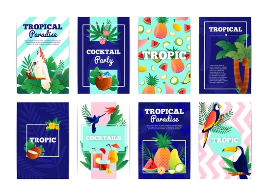 Tropical banners cards set with cocktail party paradise fruits vector illustration