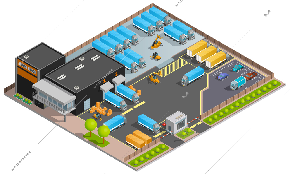 Road cargo transportation isometric design concept with warehouse parking for trucks and refrigerators checkpoint with barrier flat vector illustration