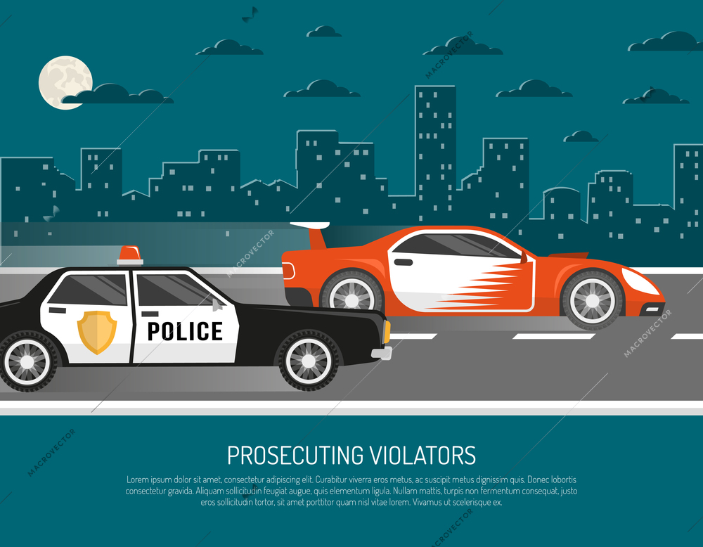 Street racing in city scene with chasing police car approaching violator and warning text abstract vector illustration
