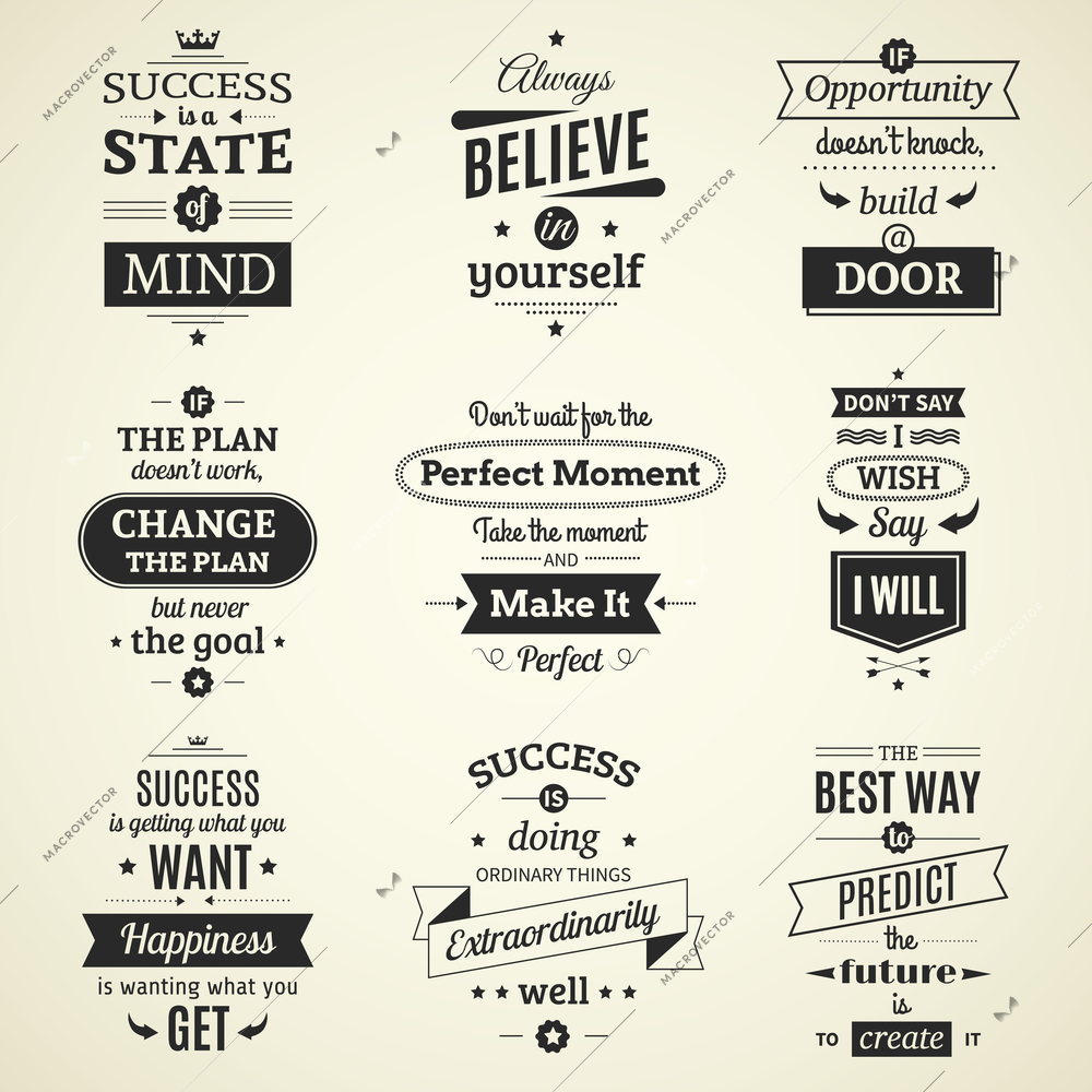 Set of inspiring success quotes typographical posters with creative life motivation and using monochrome fashioned font flat vector illustration