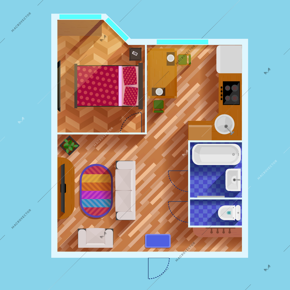 Colorful floor plan of apartment with one bedroom living room kitchen bathroom toilet and furniture flat vector illustration