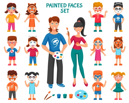 Face Paint For Children Icons Set. Bodyart Paint Vector Illustration. Face Paint Decorative Set.  Greasepaint  For Children Design Set. Painted Faces Flat Isolated Set.