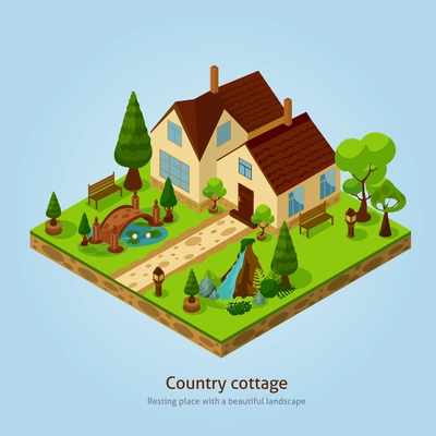 Isometric country landscape design concept with various decorative elements  vector illustration