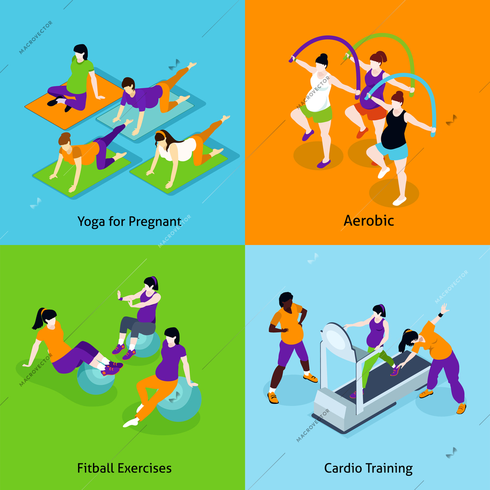 Pregnant Woman Fitness Concept. Pregnant Woman Fitness Vector Illustration. Pregnancy And Fitness Isometric Icons Set. Pregnant Woman Fitness Design Set. Pregnant Woman Fitness Isolated Elements.