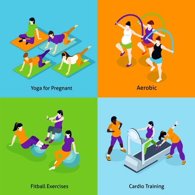 Pregnant Woman Fitness Concept. Pregnant Woman Fitness Vector Illustration. Pregnancy And Fitness Isometric Icons Set. Pregnant Woman Fitness Design Set. Pregnant Woman Fitness Isolated Elements.