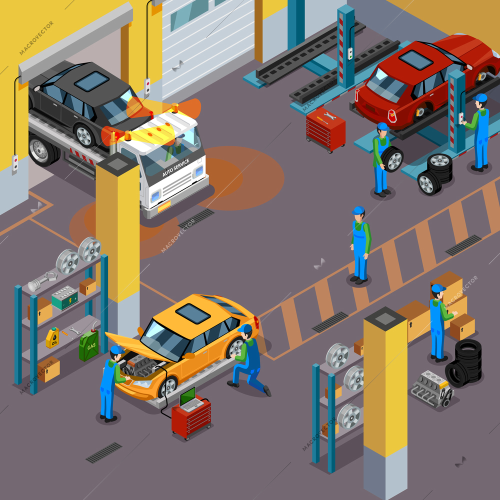 Car service top view isometric concept with workers repairing automobiles in vehicle service center vector illustration