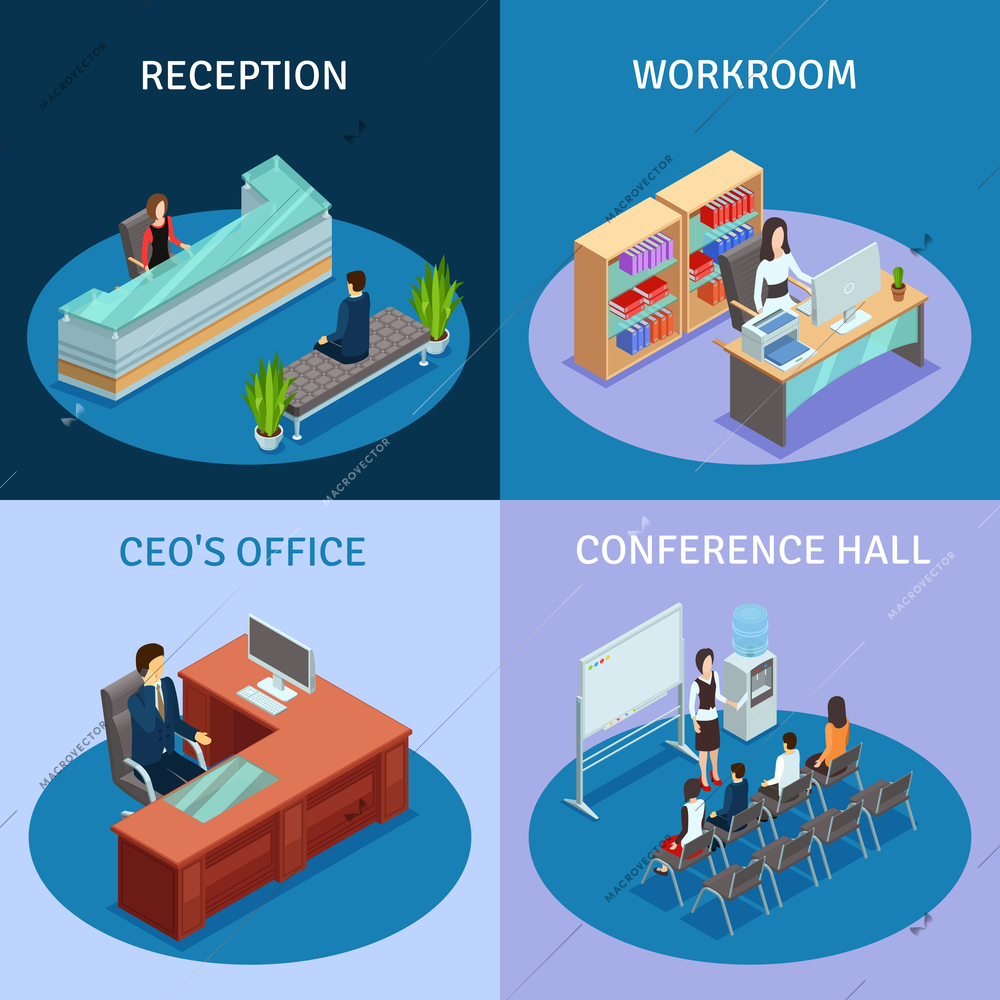 Modern workplace 4 icons square composition poster with ceo office reception and conference hall isolated vector illustration.