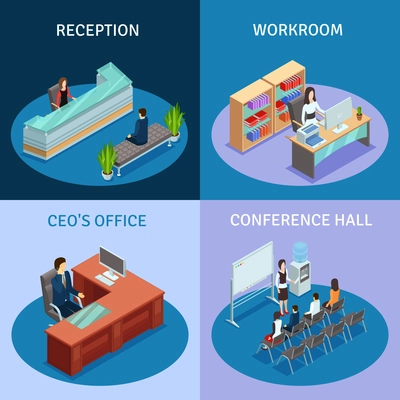 Modern workplace 4 icons square composition poster with ceo office reception and conference hall isolated vector illustration.