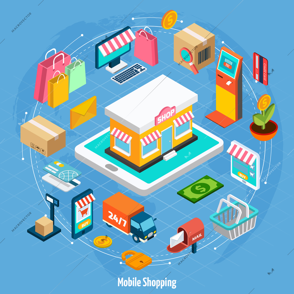 Mobile shopping isometric concept with related elements on light blue background vector illustration