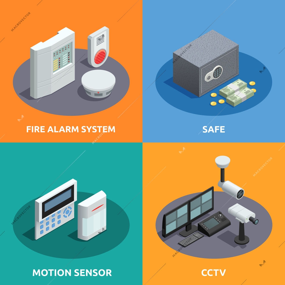 Home security 4 isometric icons square with motion sensor fire alarm system and cctv abstract isolated vector illustration