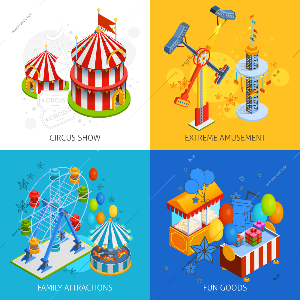Amusement park 2x2 isometric design concept set of circus show extreme amusement family attractions and fun goods compositions vector illustration