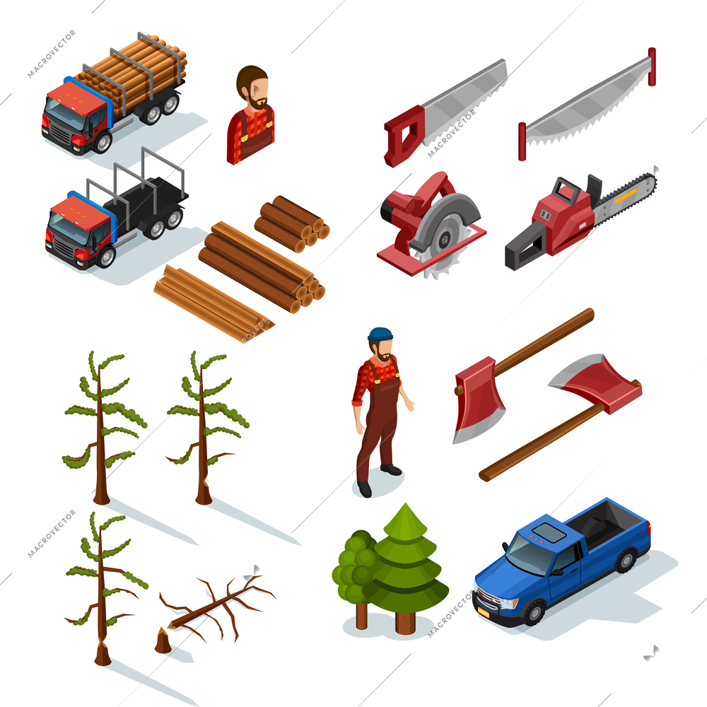 Lumberjack isometric color icons set of woodworking tools lumber trucks woodcutters in uniform  on white background flat isolated vector illustration