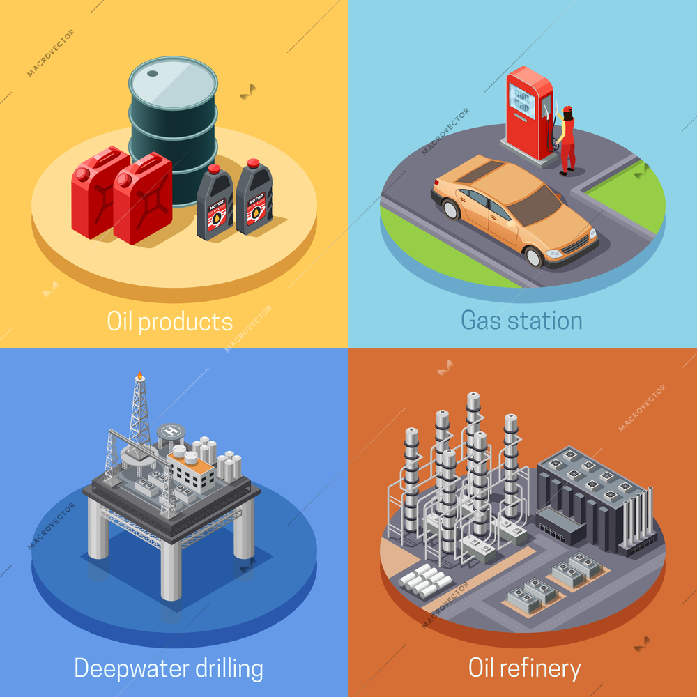 Oil industry isometric 4 icons square poster with refinery plant and gas station abstract isolated vector illustration