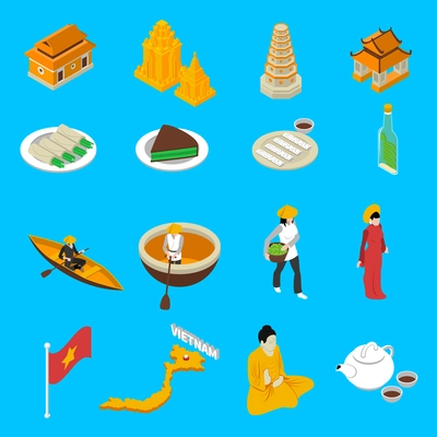 Vietnam traditional food clothing landmarks map and national cultural symbols isometric icons collection abstract isolated vector illustration