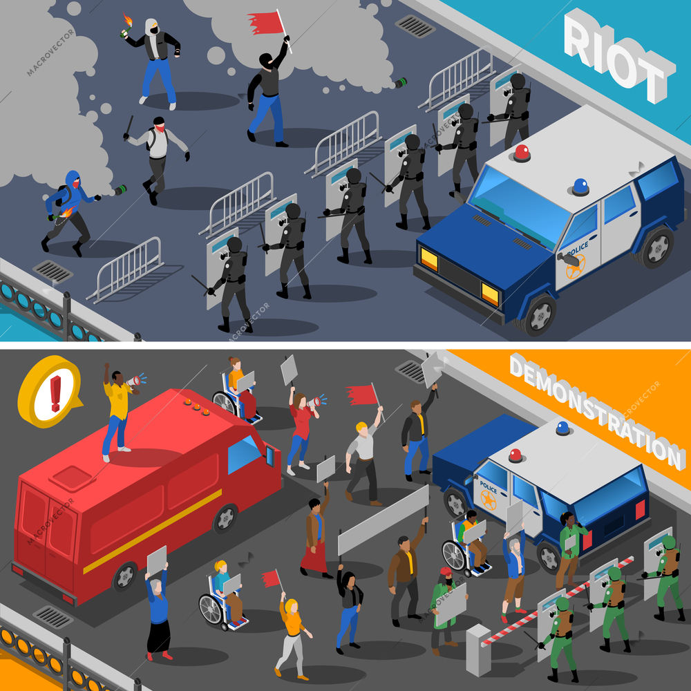 Civil unrest street riots with molotov cocktail and peaceful demonstration 2 isometric banners abstract isolated vector illustration