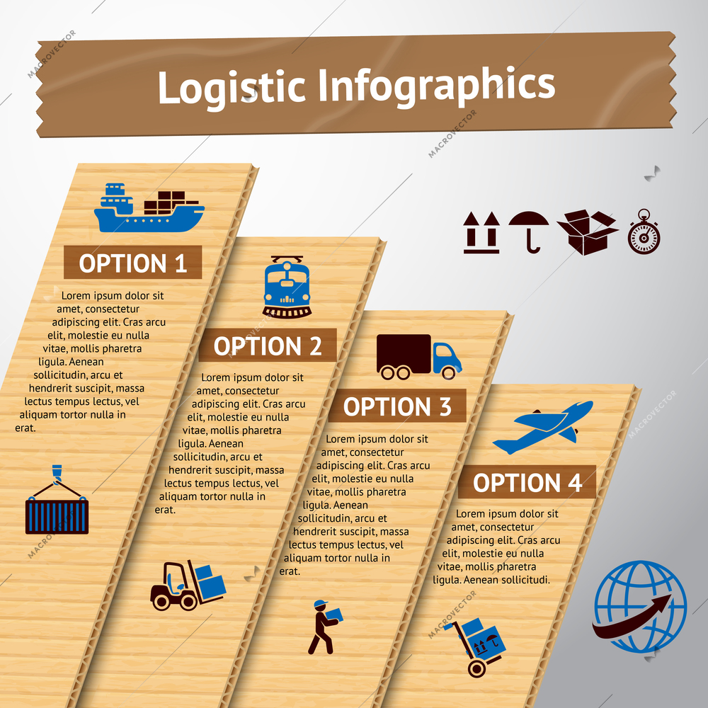 Logistic service cardboard infographics elements with transportation options and delivery chain vector illustration