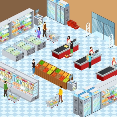 Supermarket grocery store interior design isometric composition with customers at display racks and paying abstract vector illustration