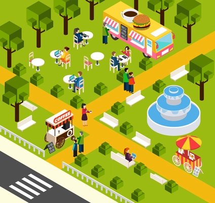 Street food truck in water park selling visitors donuts and coffee isometric composition poster abstract vector illustration