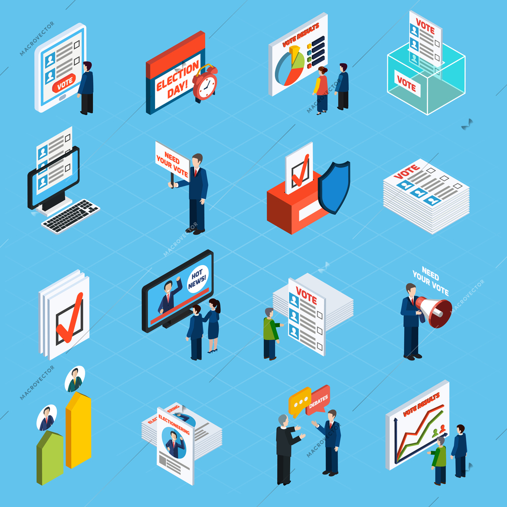 Election campaign and voting isometric icons set with ballot box voter list and people making agitation flat vector illustration