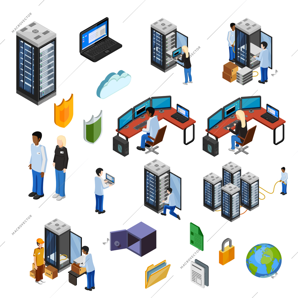 Datacenter isometric icons set of server hardware data security technical specialists using it technology flat vector illustration