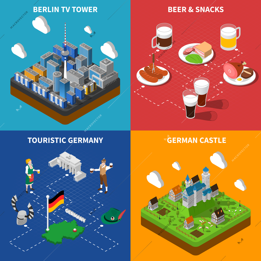 German culture for tourists 4 isometric icons banner with beer snacks and castle abstract isolated vector illustration