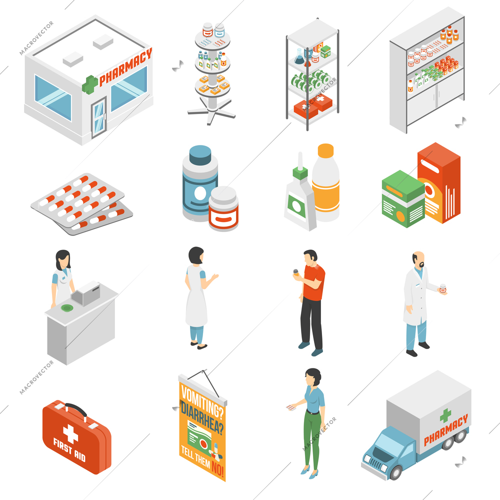 Pharmacy and medical supply service concept  isometric icons set with drugstore customer assistance abstract isolated vector illustration