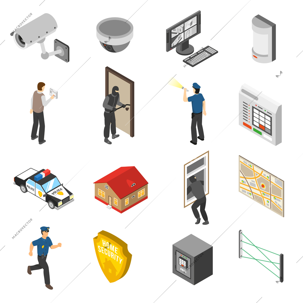 Home security system service isometric elements collection with surveillance camera and police officer abstract isolated icons vector illustration
